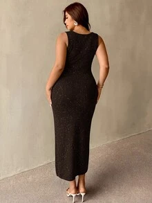 Auralis 大尺碼女款海星圖案休閒性感可愛日常針織洋裝，適合秋季度假、夜晚正式場合，黑金配色 - 咖啡棕 - 查看 3
