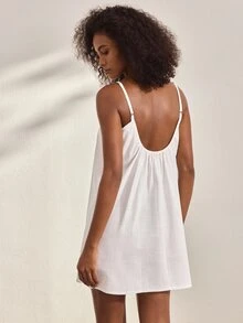Ocili White Pure Cotton Short Slip Dress, Simple Comfortable Spaghetti Strap Women's Loungewear Dress - White - View 2