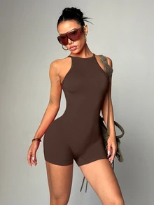 SHEIN Sports Core Rhythm 1件裝黑色無縫連身衣，無袖露背，柔軟舒適貼身，適合健身、跑步、休閒、瑜伽，女款健身連身衣/連身短褲，收腹連身褲，女款運動連身衣/連身短褲，女款緊身衣，快速出貨女裝 - 咖啡棕 - 查看 8
