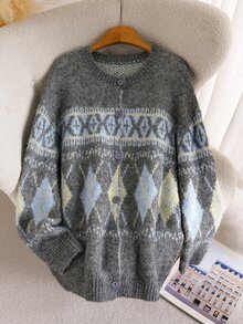 CosyJoli Vintage Grey Fair Isle Argyle Jacquard Crew Neck Loose Fit Sweater Cardigan, Autumn/Winter - Grey - View 3
