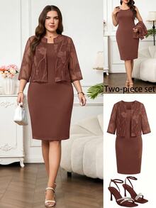 Reflora Fashionable Elegant Cut-Out Top & Dress Plus Size 2 Pieces Set - Redwood - View 1