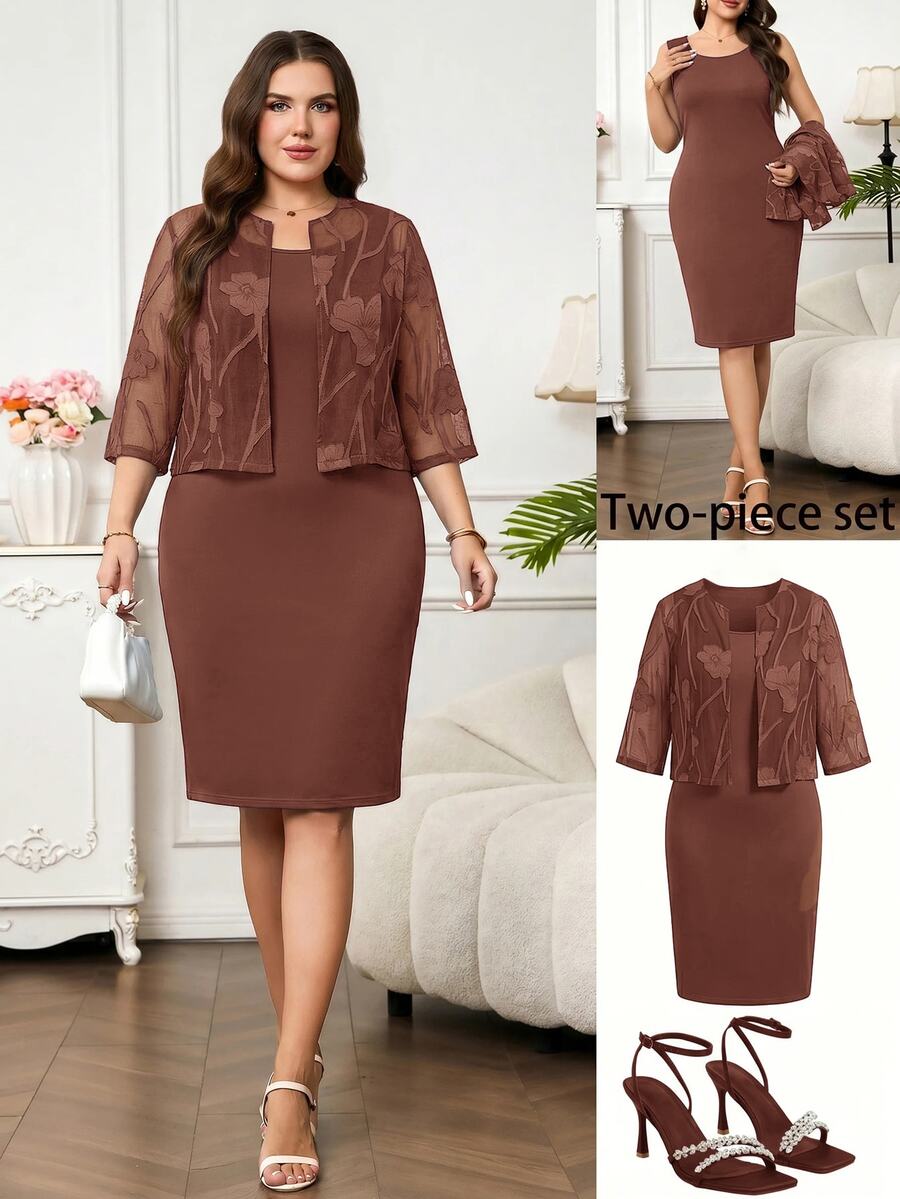 Reflora Fashionable Elegant Cut-Out Top & Dress Plus Size 2 Pieces Set - Redwood - View 1
