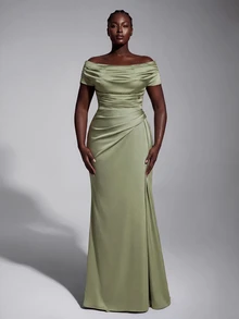 Elitara Plus Size Elegant Luxurious Sage Green Elastic Satin Ruched Off Shoulder Mermaid Dress For Wedding Formal Party, Vacation, Ball, Evening Event, Autumn - Green - View 5