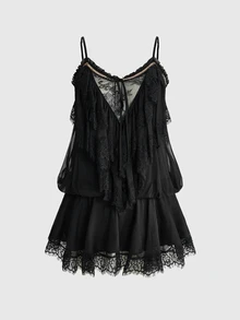 ROMWE Avant Minimalist Sexy Palace Romantic Vacation Sheer Mesh Lace Spaghetti Strap Plus Size Women's Short Dress - Black - View 1
