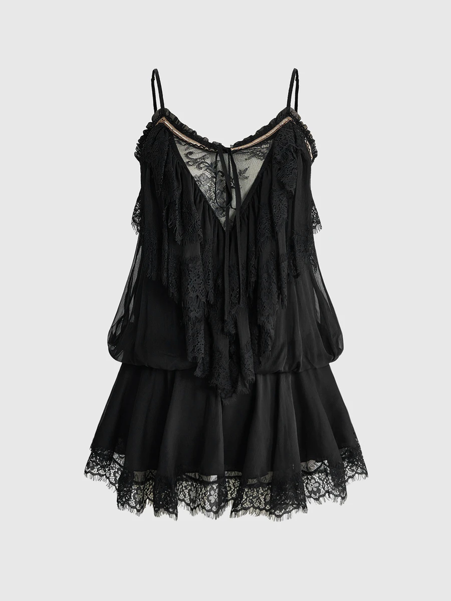 ROMWE Avant Minimalist Sexy Palace Romantic Vacation Sheer Mesh Lace Spaghetti Strap Plus Size Women's Short Dress - Black - View 1