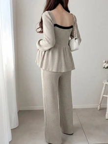 Dazy Maternity Setelan 2 Potong Atasan Pullover Lengan Panjang dan Celana dengan Motif Garis-Garis dan Patchwork Warna Kontras di Bagian Bawah, Cocok untuk Pakaian Rumah Sehari-hari Musim Semi dan Gugur serta untuk Ibu Hamil - Grey - View 2