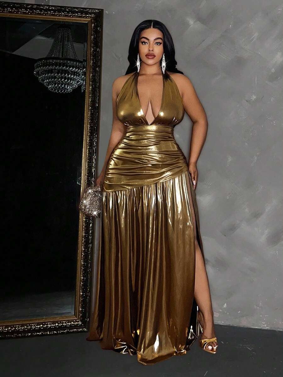 Maweii Plus-Size Women's Neck-Hanging Deep V-Neck Backless Sexy Party Dress - Gold - View 1