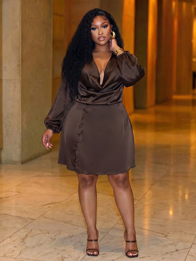 Slaydiva Early Autumn New Sexy Solid Brown Cowl Neck Low Neck Lantern Long Sleeve Cuffed Shirt Collar Cinched Waist Satin Women Plus Size Mini Shirt Dress - A