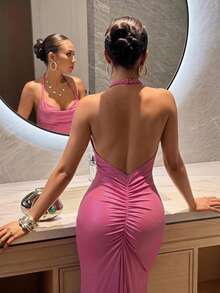 Slaydiva Women's Sexy Backless Halter Neck Dress - Hot Pink - View 2