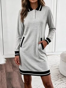 Louniche Women's Mini Long Sleeve Polo Collar Straight Dress - Grey - View 6