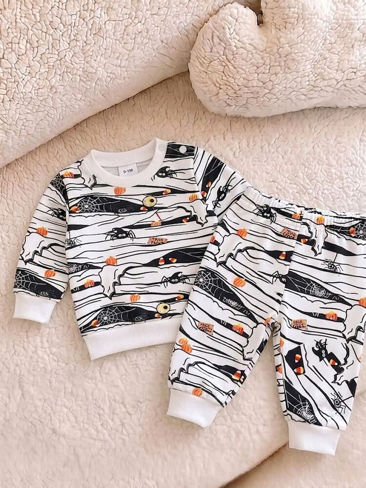 Newborn Baby Boy Clothes Halloween Full Print Long Sleeve Sweatshirt And Jogger Pants Set Spider Web Pumpkin Graphic Tracksuit 2Pcs Outfit - Multicolor - View 4