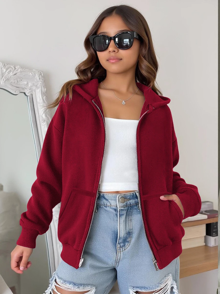 SHEIN 青少年女孩秋冬休閒連帽開襟外套 - 酒紅色 - 查看 1