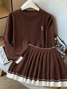 GlowEve CURVE Plus Size Women's Knit Dress Set, Solid Color Round Neck Colorblock Seahorse Design, Minimalist Elegant Casual Autumn Winter Office Graduation Brown - Coffee Brown - View 1