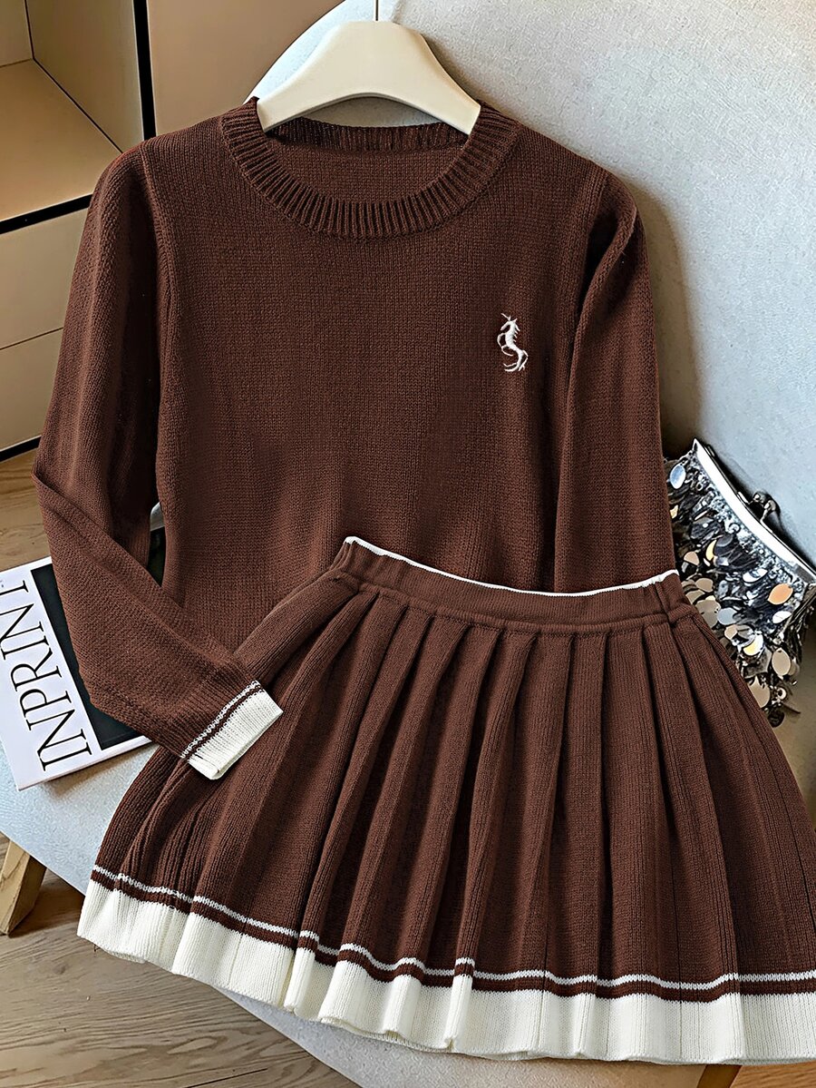 GlowEve CURVE Plus Size Women's Knit Dress Set, Solid Color Round Neck Colorblock Seahorse Design, Minimalist Elegant Casual Autumn Winter Office Graduation Brown - Coffee Brown - View 1