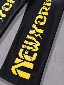 Manfinity Denimwave 男士 New York 休閒街頭印花黑色水洗丹寧直筒喇叭牛仔褲 - 黑色 - 查看 5