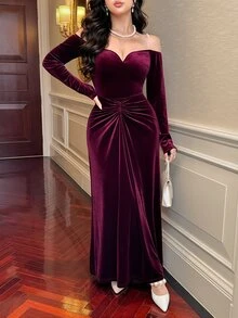 Feyla Women's Solid Color Ruched Off Shoulder Elegant Cinched Waist Party Dress - Burgundy - View 1