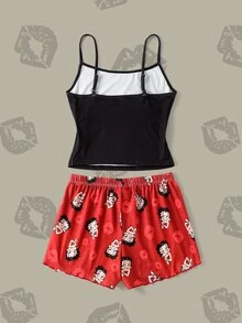 Betty Boop x SHEIN 女款字母卡通印花細肩帶上衣與短褲休閒居家睡衣套裝 - 黑色 - 查看 2