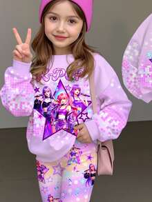 SHEIN 女童小女孩字母卡通印花長袖運動衫與運動長褲休閒日常套裝 - 彩色 - 查看 5