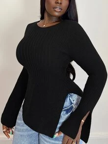 Selianne Women's Solid Color Round Neck Long Sleeve Asymmetric Hem Sweater - Black - View 3