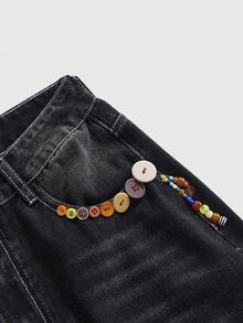 ROMWE Y2K 千禧復古格紋蘋果補丁刺繡女款寬鬆休閒低腰牛仔七分褲 - 黑色 - 查看 3