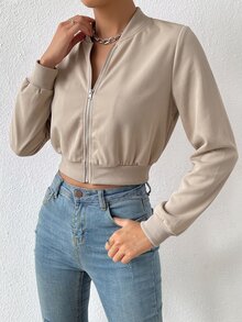 SHEIN EZwear 春季服飾 素色拉鍊短版飛行夾克 - 杏色 - 查看 4