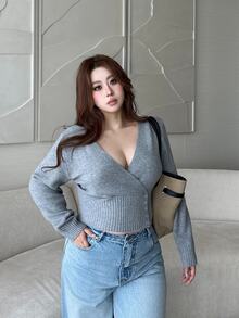 Vibekara Fashion Plus Size Slim Fit Cross Button Long Sleeve Deep V-Neck Pullover Sweater Winter - Grey - View 5