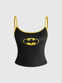 Batman X ROMWE طقم بيجامة نسائي كاجوال مرح مكون من كاميسول وشورت - الأسود - مشاهدة 8