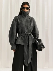 LYSMO Jaket Kasual Wanita Lengan Panjang dengan Bahu Longgar dan Kancing Tunggal serta Tali Ikat Pinggang - Dark Grey - View 3