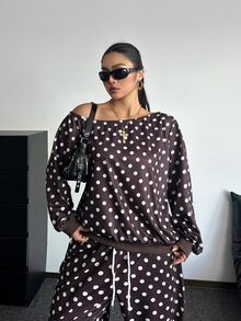 POPSWAY Plus Size Women Polka Dot Asymmetric Shoulder Sweatshirt And Pants Set, Casual Asymmetrical Shoulder Long Sleeve Two Pieces Outfit, Spring And Autumn Daily Wear - Brown - View 6