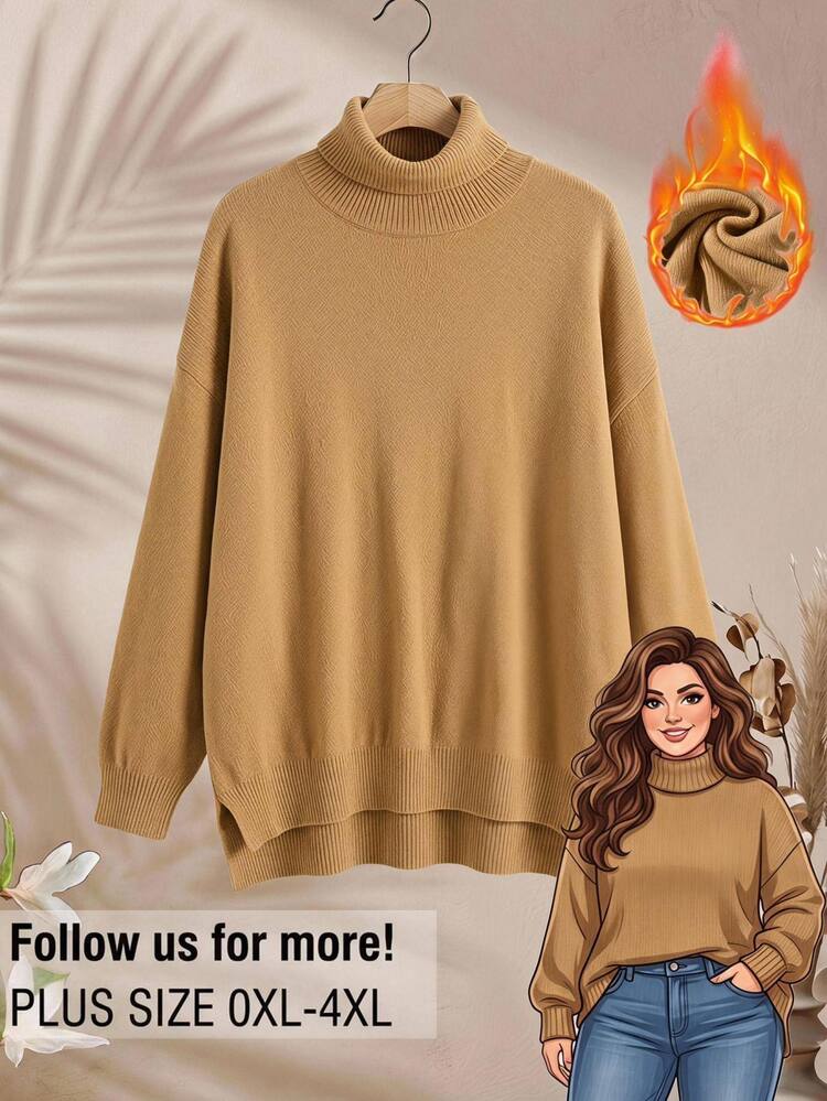 Rusticease Women's Plus Size Solid Color Turtleneck Sweater, Autumn/Winter - Camel - View 2