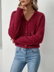 SHEIN 女款素色休閒百搭日常穿著開襟衫 - 中紫紅色 - 查看 5