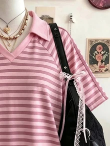 Lalippa Women's Striped Casual Regular Fit Loose Raglan Short Sleeve Collared T-Shirt - Multicolor - View 3