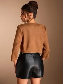 SHEIN BASICS 女款素色長袖百褶開襟休閒夾克 - 棕色 - 查看 6