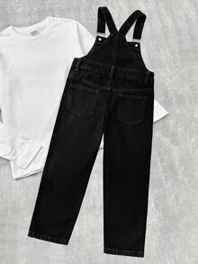 Boys' Black Denim Overalls With Adjustable Metal Buckle Straps, All-Over Rhinestone Cross Pattern Decor, Loose Straight Leg Jumpsuit, Y2K Streetwear Casual Pants For Back To School, Street Style, Party, Daily Wear - Black - View 2