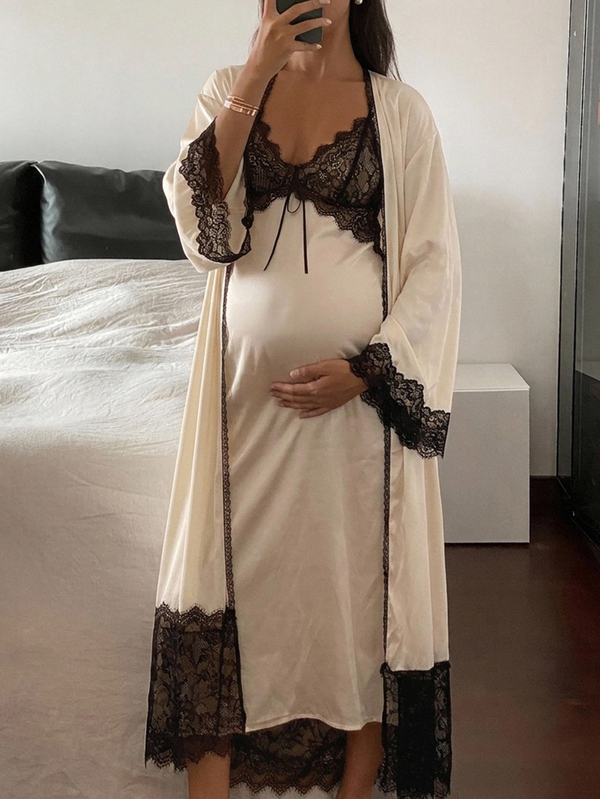 Dazy Maternity Abito canottiera in pizzo a contrasto, cardigan ampio a maniche lunghe con cintura in vita, abbigliamento casual quotidiano da casa, primavera autunno, set da maternità 2 pezzi