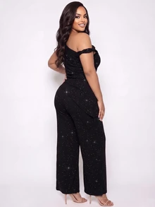 Poshavie Poshavie Plus Size Sparkly Asymmetric Off Shoulder 2 Pieces Set, Ruched Wrap Top & Wide Leg Pants Elegant Party Outfit - Black - View 2