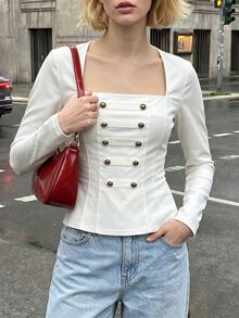 SHEIN 小眾設計修身長袖方領襯衫，百搭款 - 白色 - 查看 5
