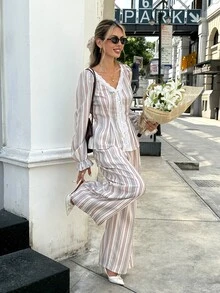 Serisse Women's Lace Patchwork Long Sleeve Top And Pants Casual Daily 2 Pieces Set - Khaki - View 6