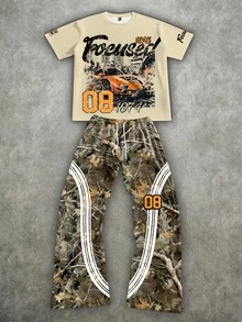 Manfinity ZONE917 Plus Size Loose Camouflage Striped Distressed Faded Colorful 28# FOEUSED Racing Short Sleeve T-Shirt & Sweatpants Set - Multicolor - View 1