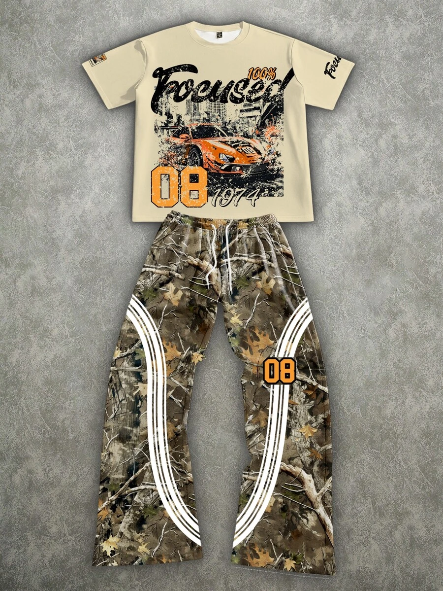 Manfinity ZONE917 Plus Size Loose Camouflage Striped Distressed Faded Colorful 28# FOEUSED Racing Short Sleeve T-Shirt & Sweatpants Set - Multicolor - View 1