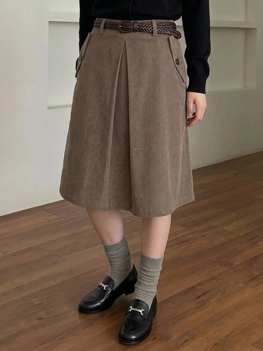 DAZY Rok Wanita Kasual Musim Semi/Gugur Model A-Line Warna Polos Panjang Selutut dengan Lipit dan Kantong, Cocok untuk Liburan Musim Semi/Gugur - Khaki - View 1