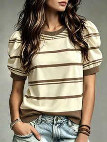 Trelyra Women's Plus Size Striped Round Neck Short Petal Sleeve Casual T-Shirt - White - View 3