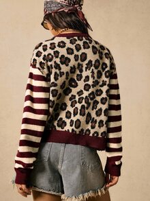 Easelle Vintage Nomadic Leopard Print & Striped Patchwork Women's Cardigan - Burgundy - View 2
