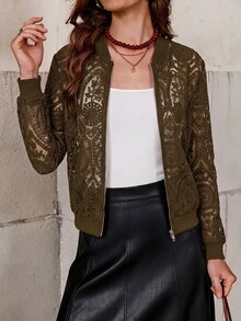 SHEIN Clasi 初秋女款優雅精緻薄款蕾絲短夾克 - 棕色 - 查看 4
