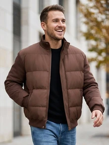 DAZY Brown Padded Body With Contrast Sleeves, Faux Fur Collar Design Men's Padded Coat - Brown - View 6