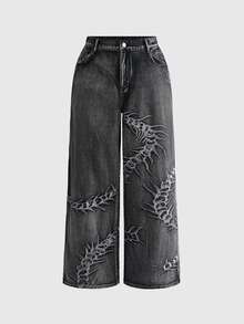 ROMWE Grunge Punk Plus Size Casual Washed Embroidered Denim Jeans - Black - View 1