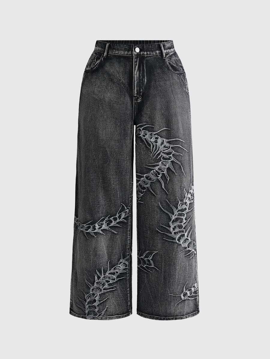 ROMWE Grunge Punk Plus Size Casual Washed Embroidered Denim Jeans - Black - View 1