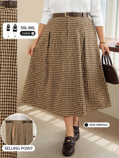 SHEIN CURVE+ Plus Size Houndstooth Tie Waist Midi A-Line Skirt, Chocolate Brown, Autumn Elegant Tea Party Academy Style, Vintage Plaid Winter Business Casual