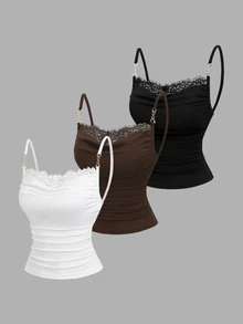 Sweetra Women's Lace Patchwork Pleated Fitted Versatile Casual Camisole Top - Multicolor - View 6