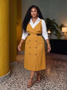 Slaydiva Plus Size Mustard Yellow Double-Breasted Blazer Vest Dress - Yellow - View 3